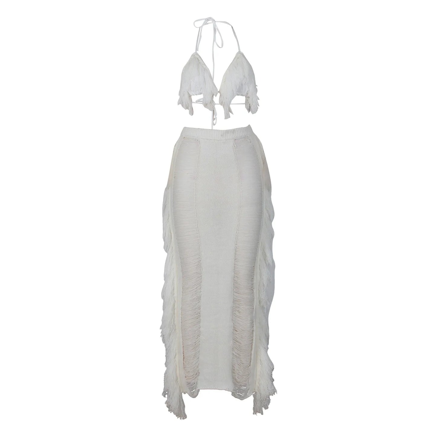 Sexy Elegant Hollow Out Knitted Tassel Wrap Hip Skirt Suit Women Vacation Beach 2 Piece Sets