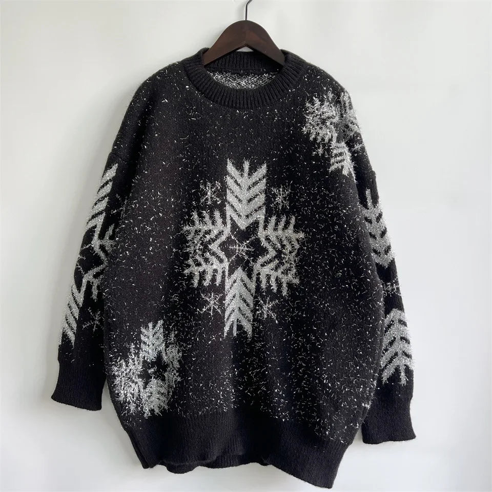 Loose-fit Line Big Snowflake Christmas Sweater Women's Pullover Thickened Crew Neck Sweater