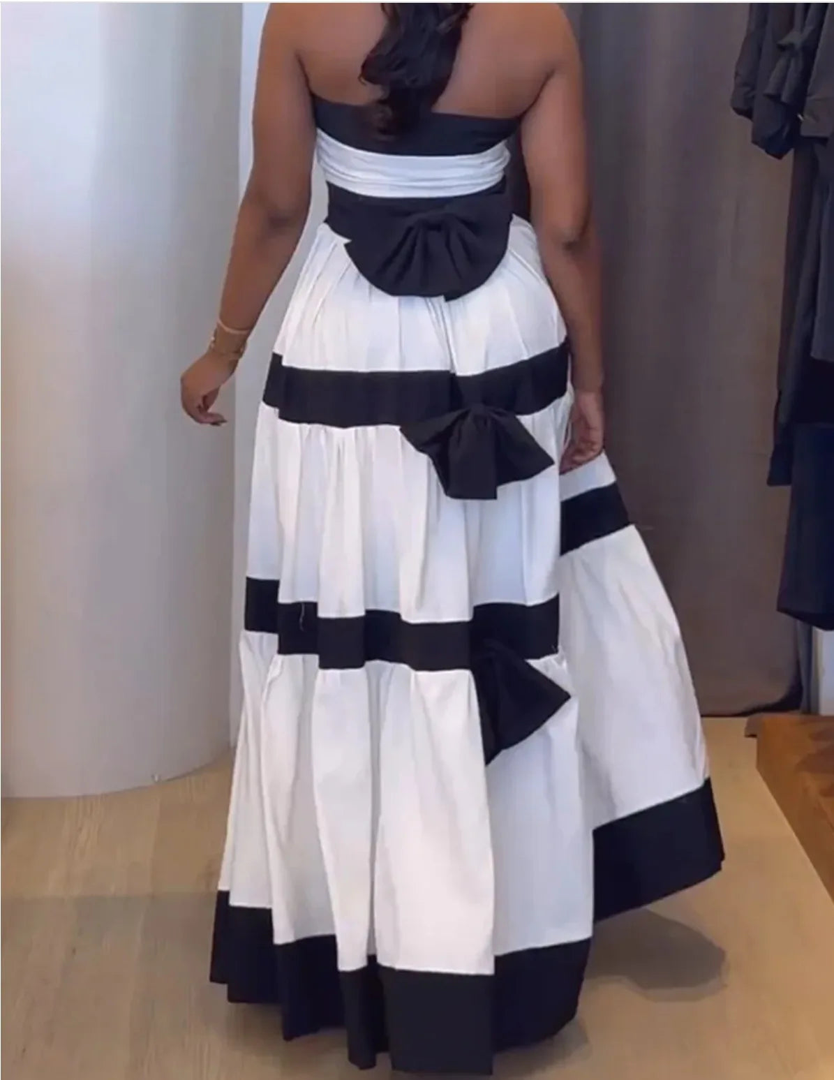 Women Fashion New Elegant Long Dress Patchwork Bowknot Strapless Sleeveless Backless High Waist Stripes Long Dress Party Female