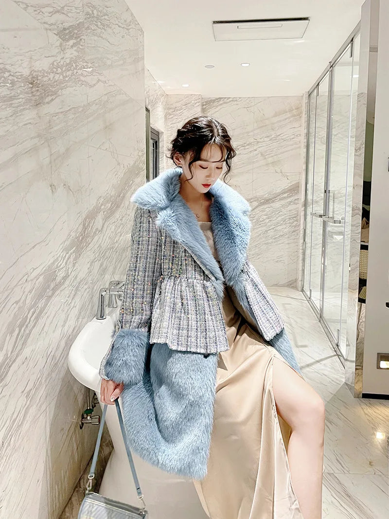 Winter Fur Coat Women Luxury Sequined Wool Faux Fur Long Jacket Fluffy Overcoat