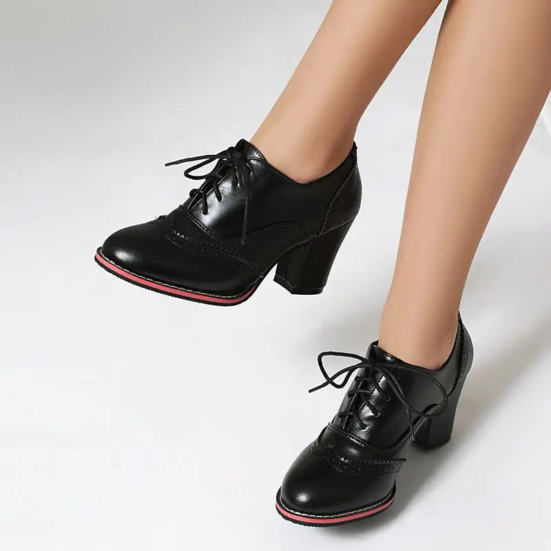 Pump Round Toe Chunky Heels 7.5cm Lace Up Plus Size 45 46 47 48 Office Shoes