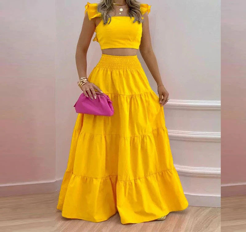 Y2k Two Piece Set Elegant Sexy Collage Sleeveless Top and Maxi Skirt Set