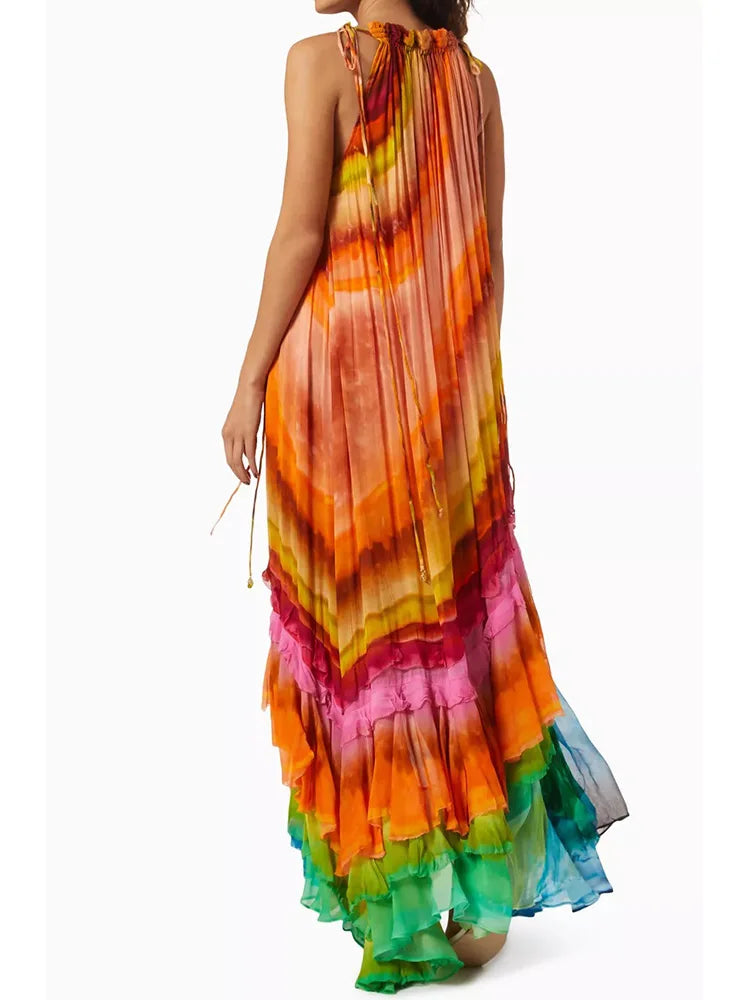 Women Elegant Sleeveless Holiday Print Ruffles Patchwork Maxi Dress