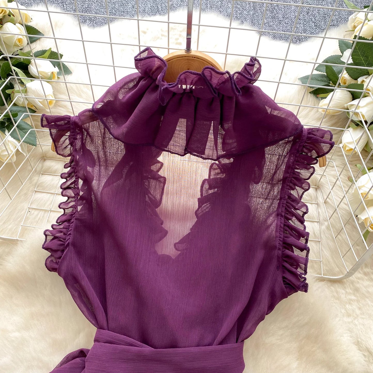 Sweet Ruffles Chiffon Blouses Women Sleeveless V Neck Retro Lace Up Blouse