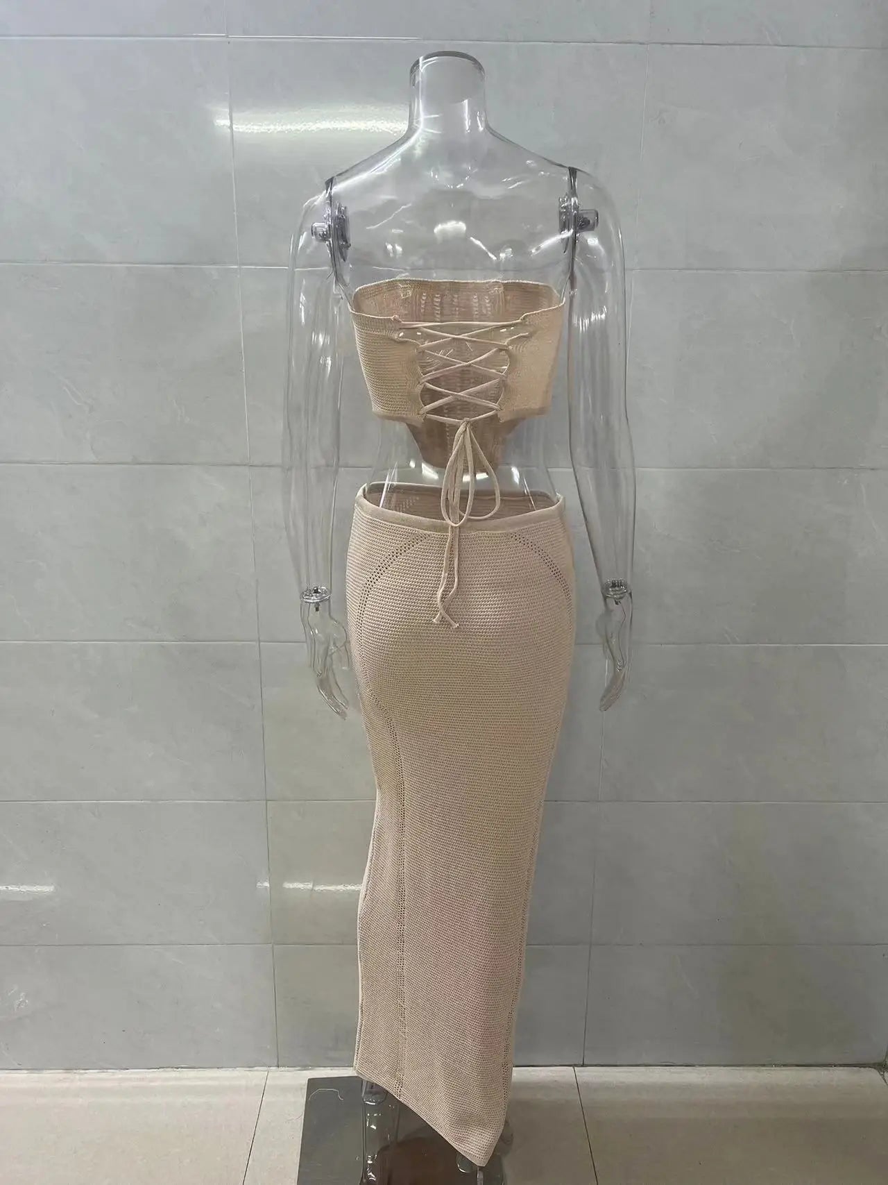 Backless Long Skirt and Top Set Summer Lace-up 2 Pieces Skirt Set Bikini Cover ups