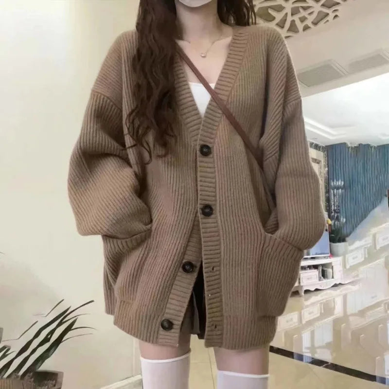 Women Cardigan Long Sleeve V-neck Loose Knitted Sweater Cardigan