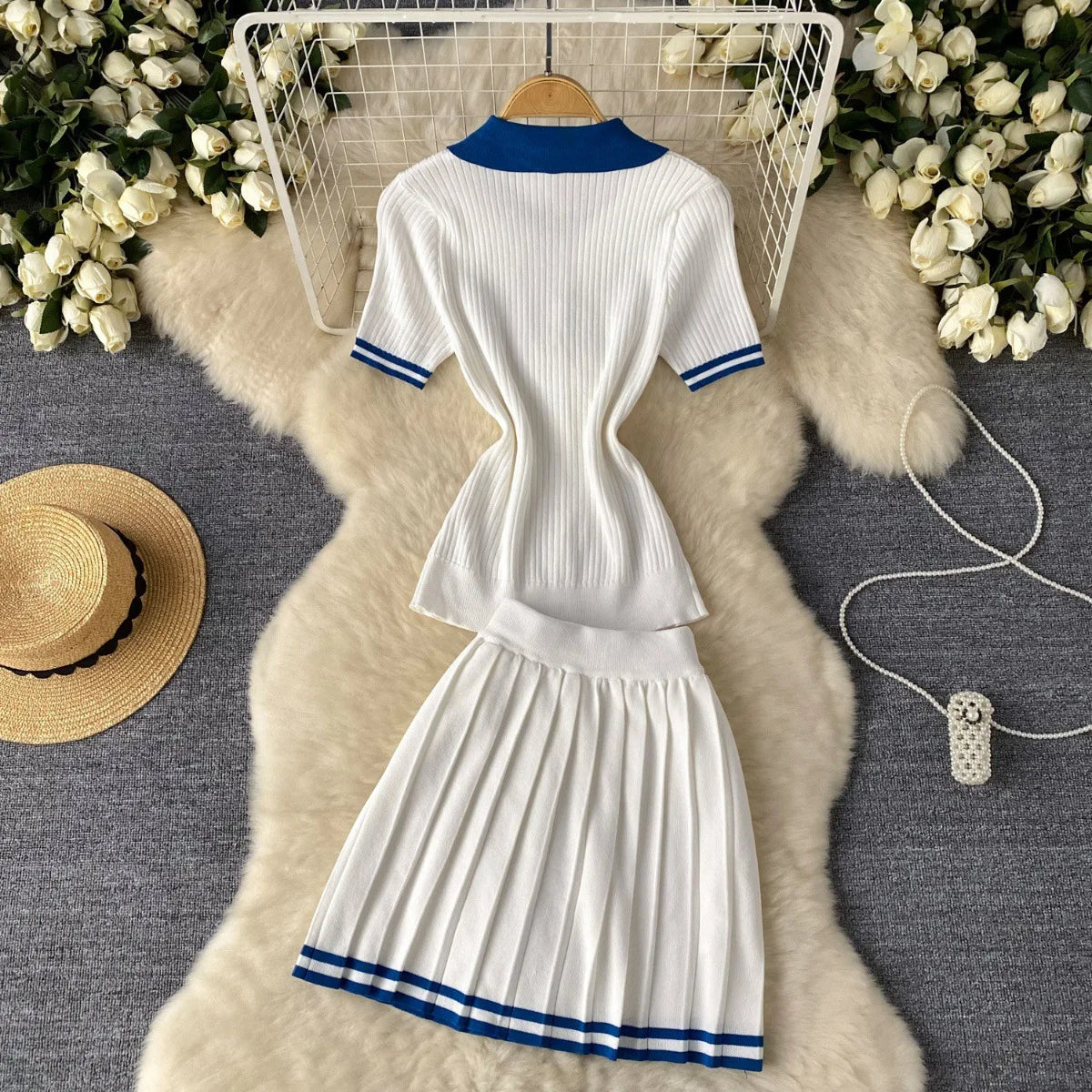 Mini Skirt Set Women Two Piece Sets Polo Collar Knit Shirt Tops Skirt Sets Casual Y2k