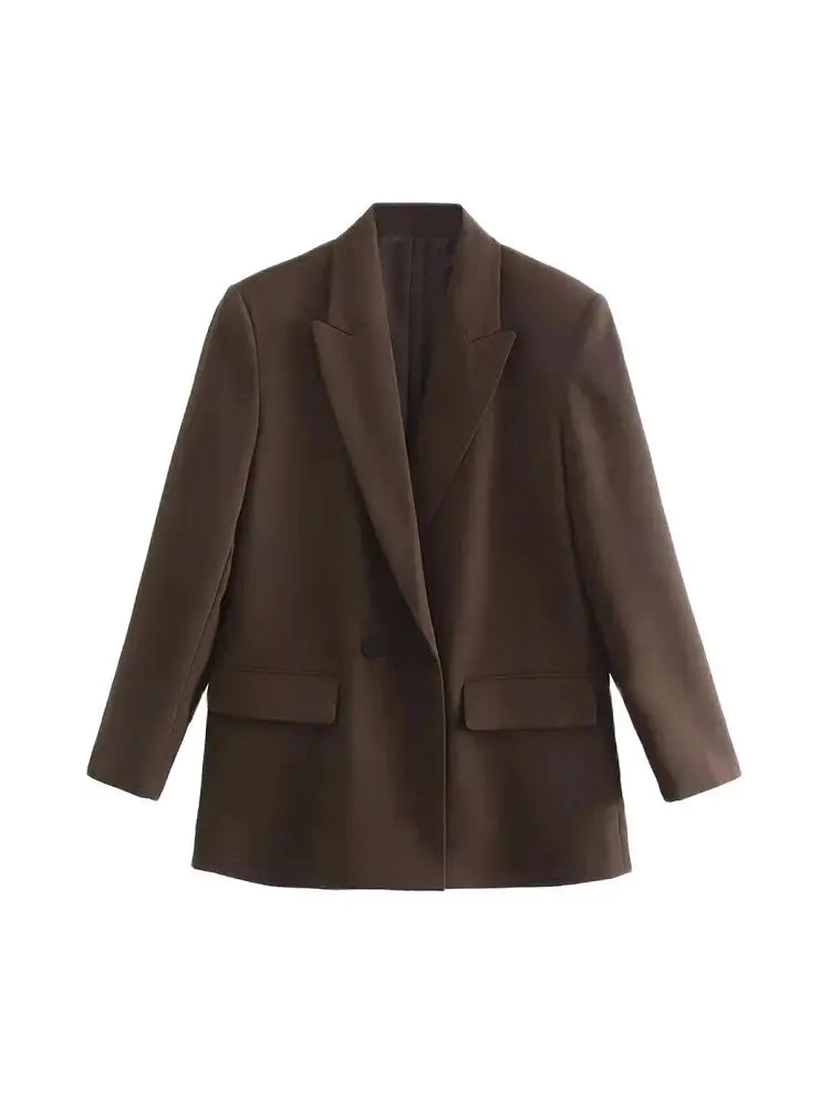 Women Double Breasted Loose Fitting Blazer Coat Vintage Long Sleeve Pockets Female Outerwear Blazer
