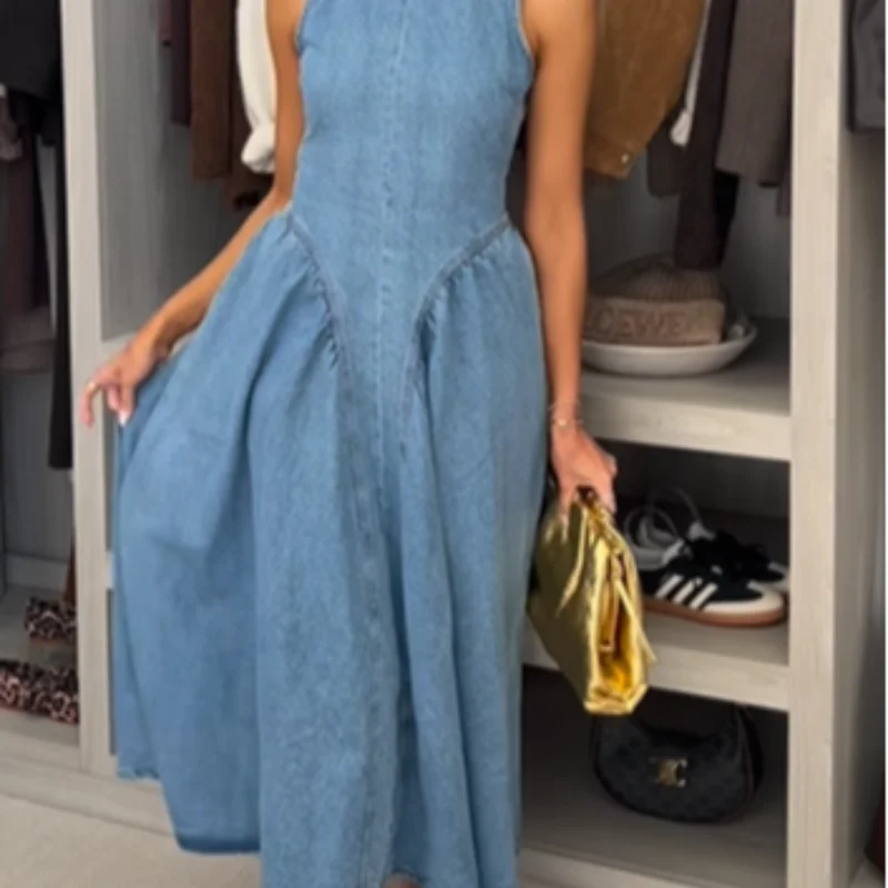 Women's Vintage Hollow Out Denim Maxi Dress Backless A Line Denim Robes Lace Up Dress