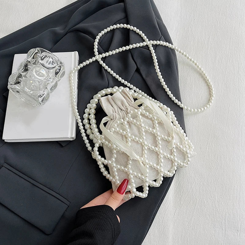 Luxury Pearl Women Bucket Tote Bag Woven Pearl Crossbody Bags for Women Small Wallet