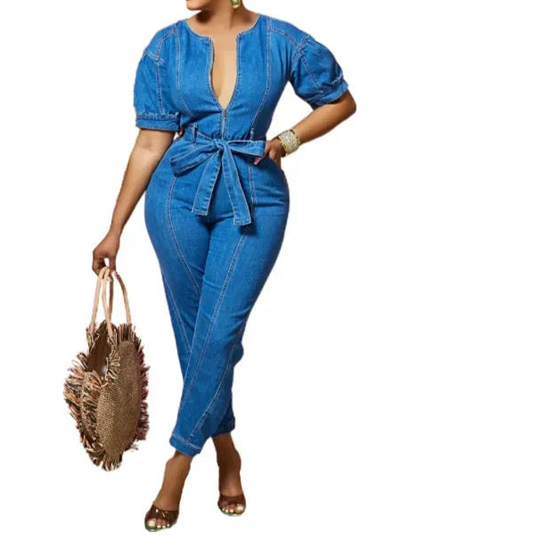 Denim Jumpsuit for Women Lace-up Pencil Pant Jeans Short Sleeve Sashes Long Rompers Playsuits One Piece Overalls Outfits