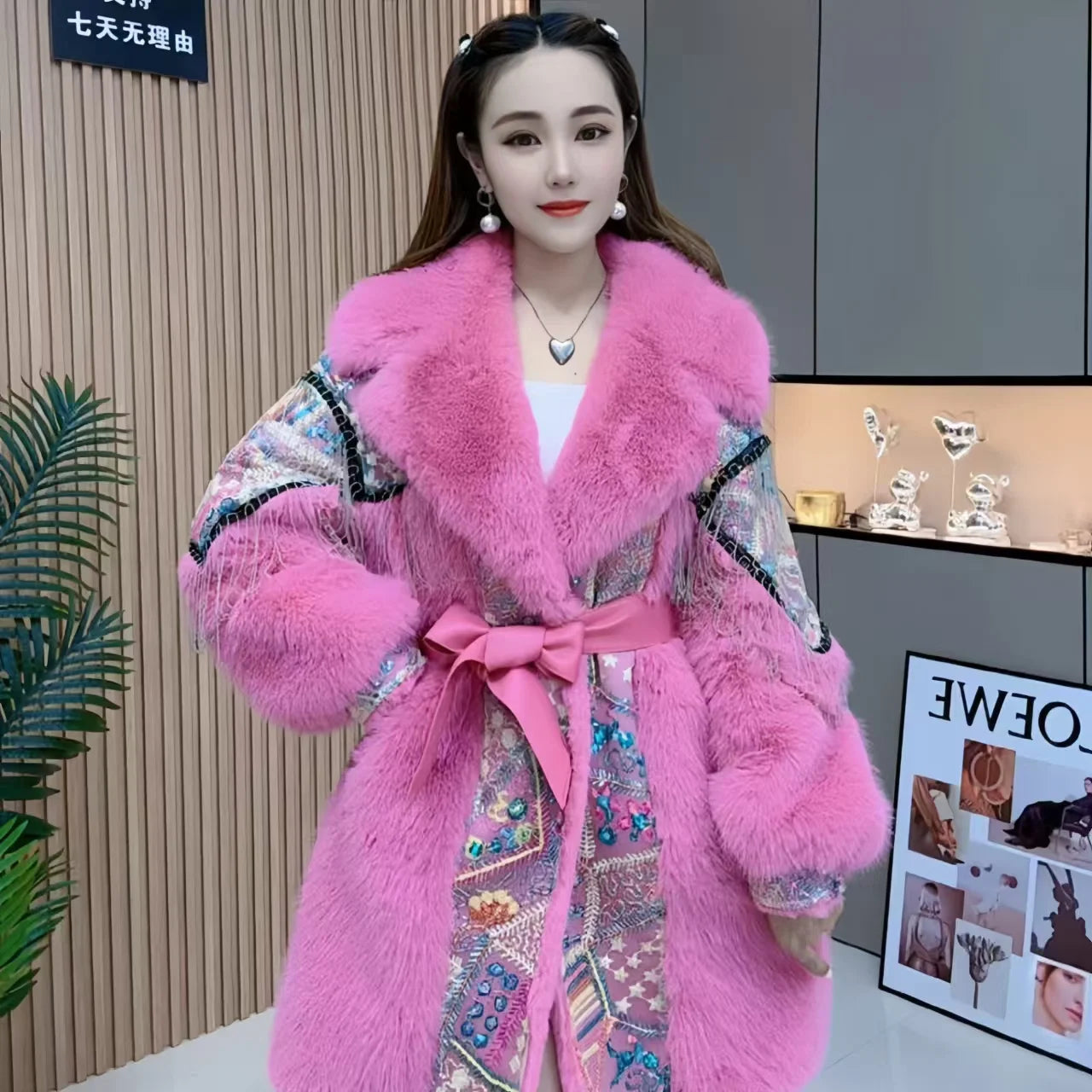 Faux Fur Coat for Women, Sequins Jacket, Loose Long Overcoat, Thick Warm Female Clothing, Fashion,High Quality, New, Winter