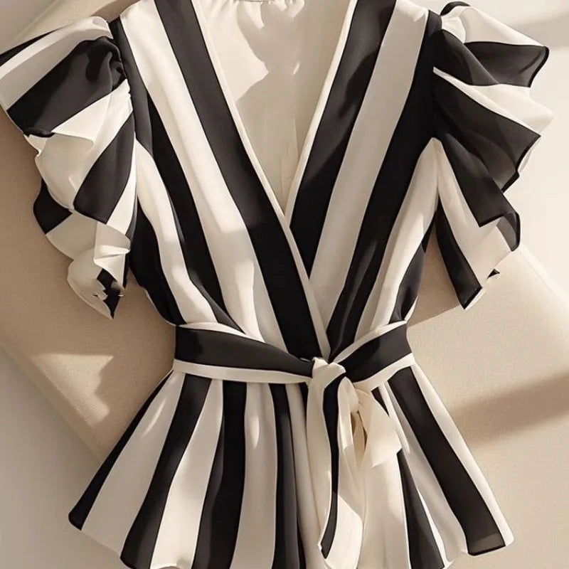 Summer Women's Tops Temperament Blouses for Women Ruffles Striped Vintage Blouse