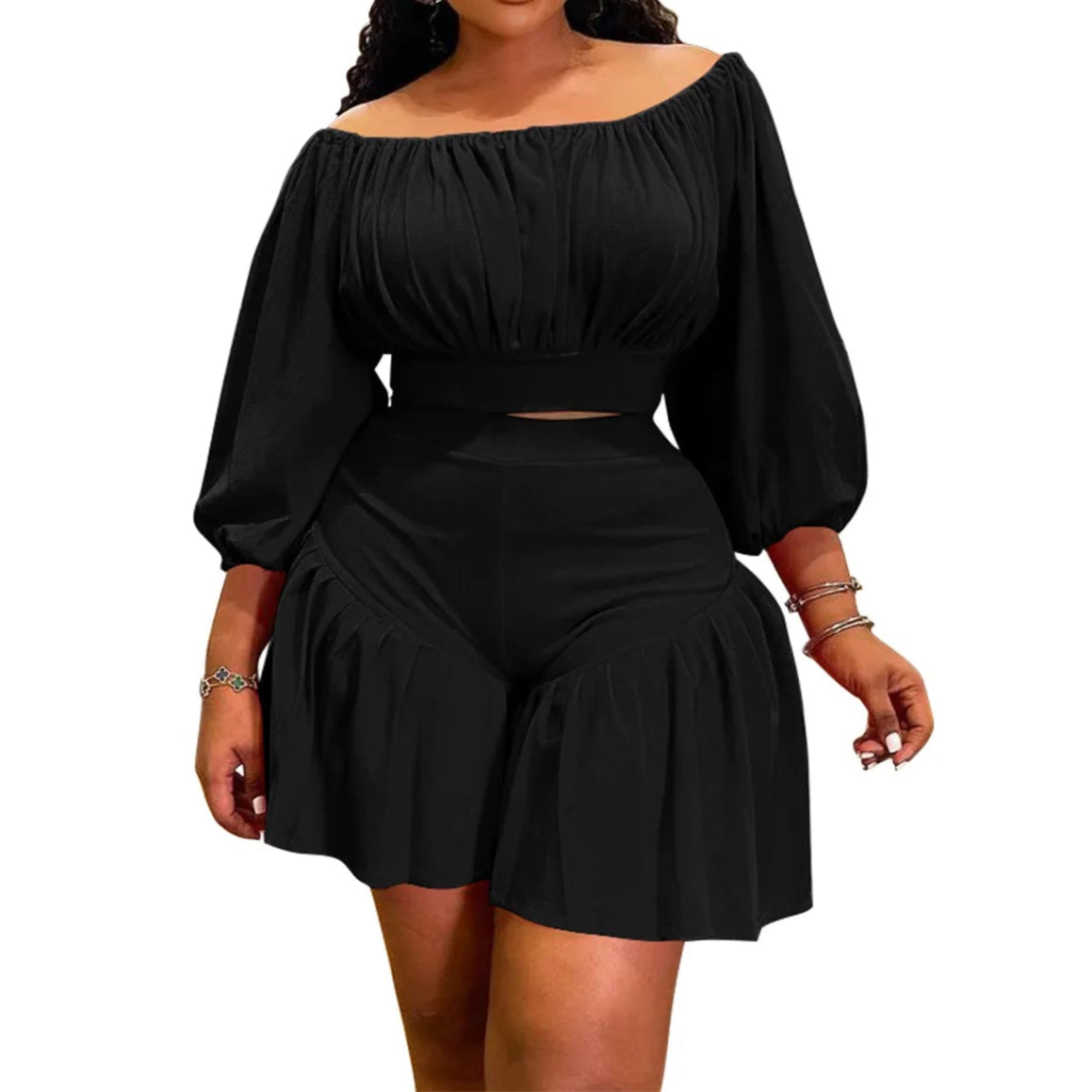 Plus Size Women's Set Long Sleeve Slash Neck T-Shirt and Shorts Summer Two 2 Piece Set
