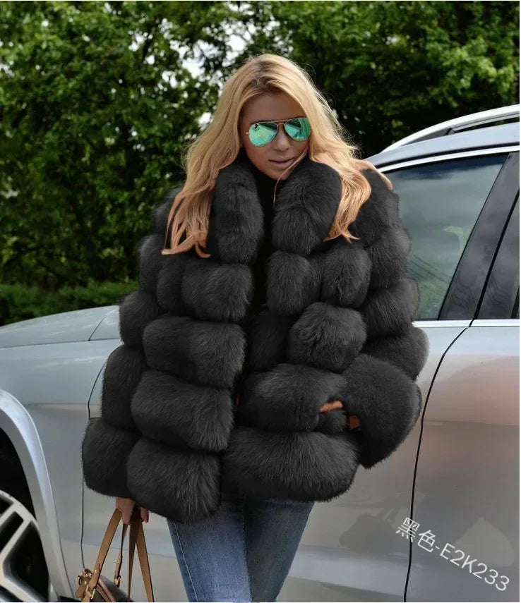Women Faux Fox Fur Coats Turn Down Collar Thick Warm Elegant Jackets Streetwear