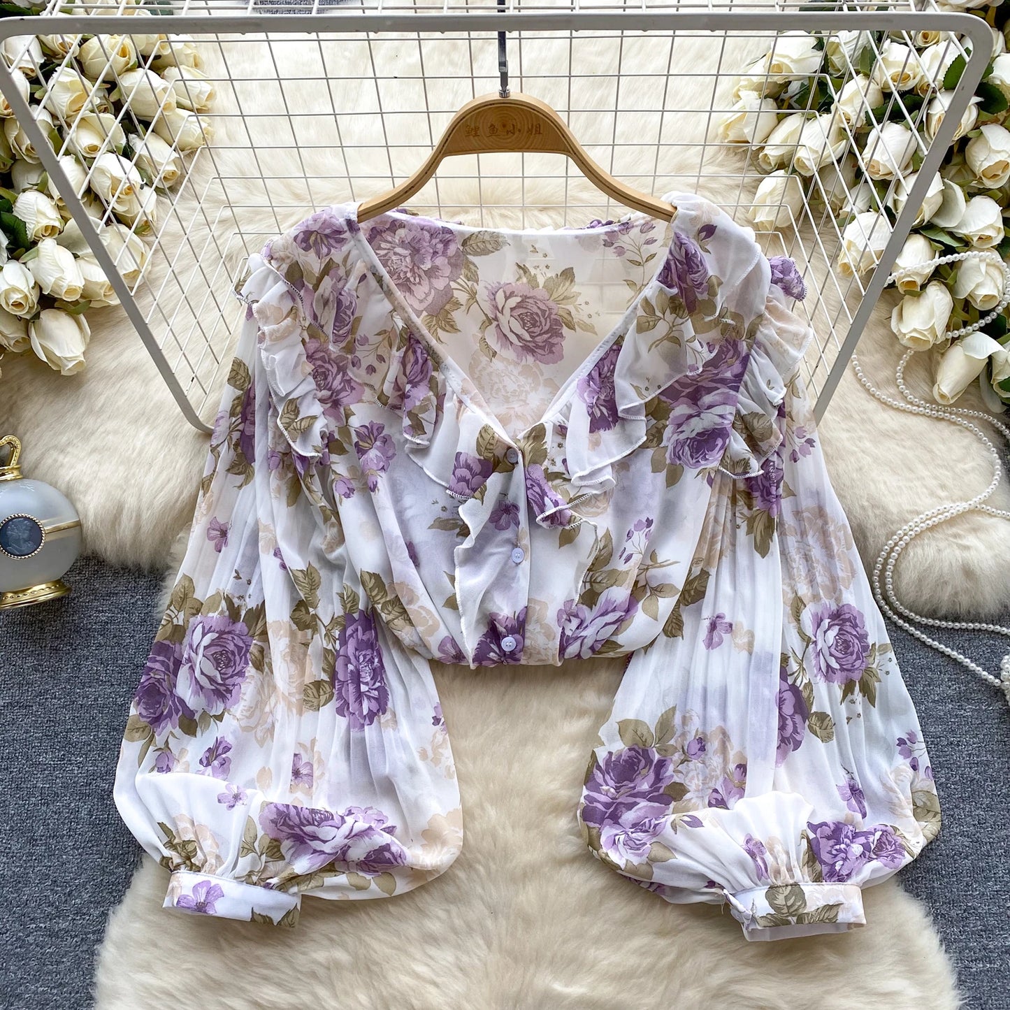 Floral Print Loose Shirt Women Lantern Sleeve V Neck Thin Causal Ruffle Blouse