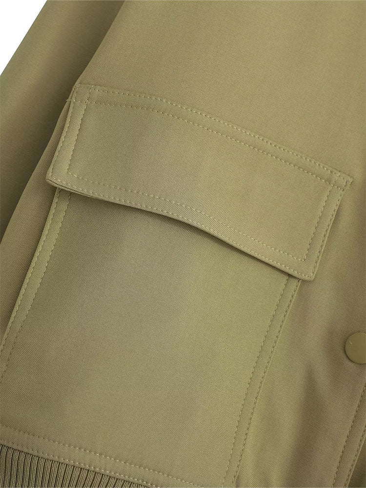 Solid Bomber Jackets Coat With Pockets V-Neck Single Breasted Long Sleeves Jacket