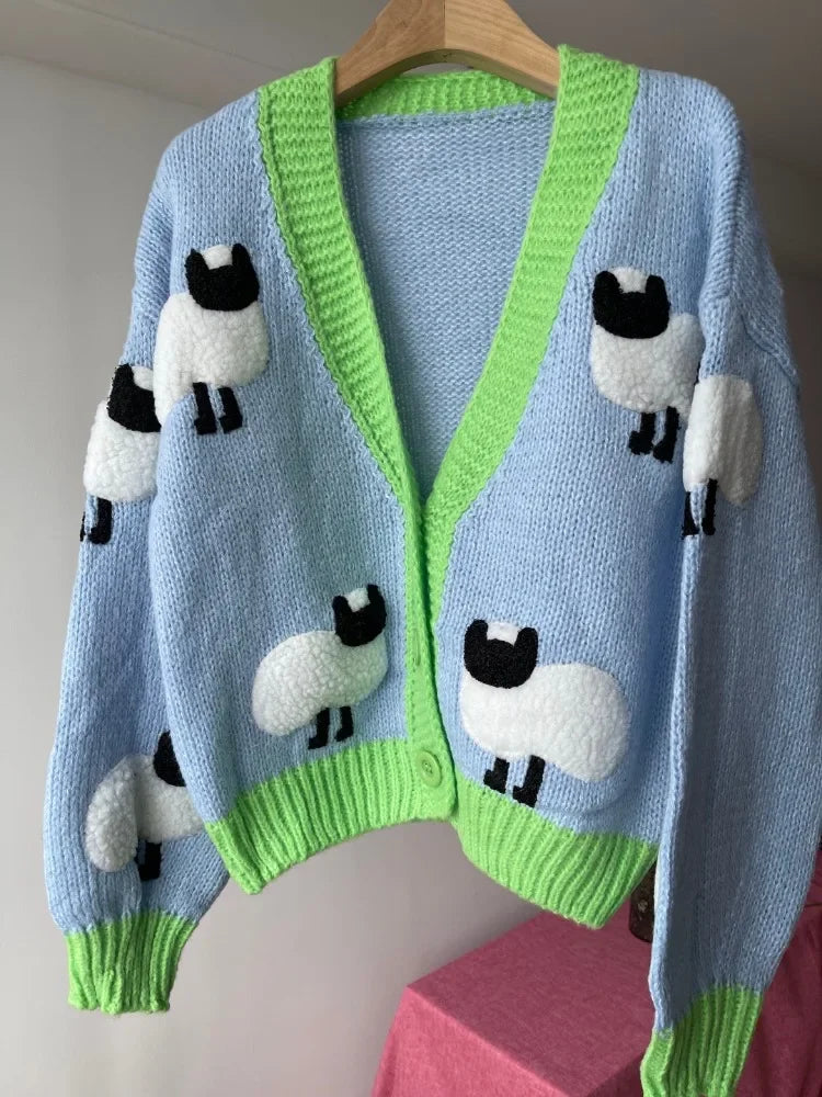 Sheep Pattern Crochet Chunky Knit Cardigan Cute Cartoon V Neck Sweater