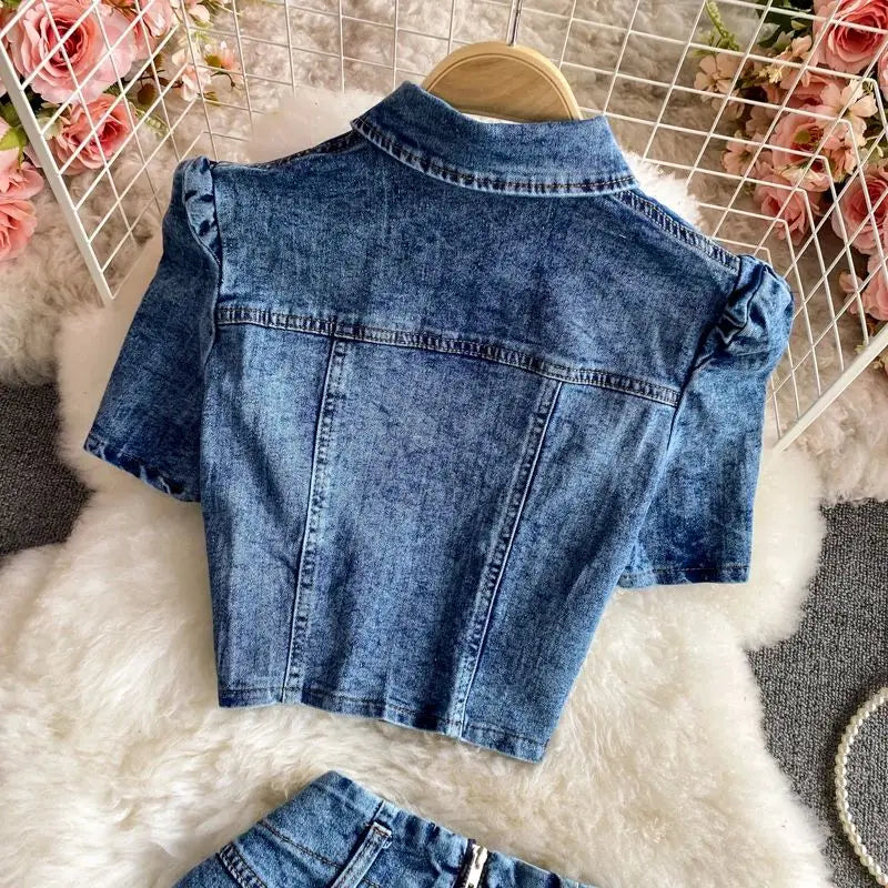 Denim Shorts Sets Shirts+Shorts Jeans 2 Pieces Sets Outfit