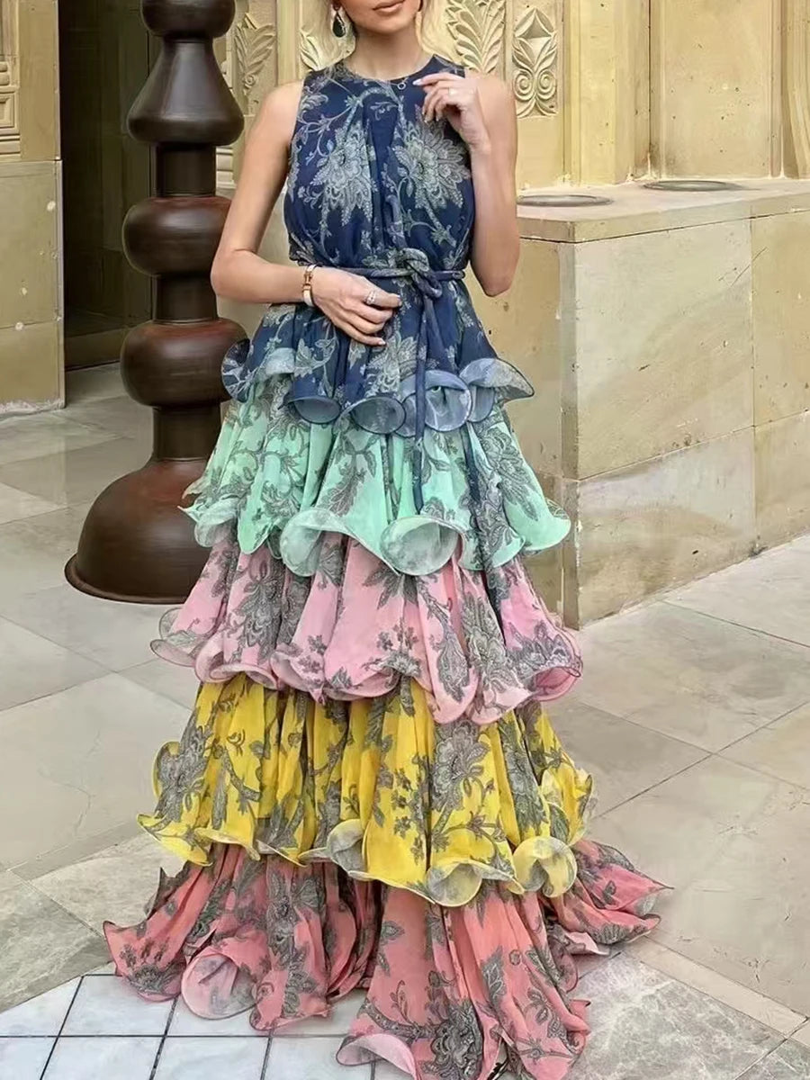 Colorful Print Ruffle Maxi Dress Spliced Lace Up Robe for Women Round Neck Sleeveless High Waist Patchwork Ruffles Dress