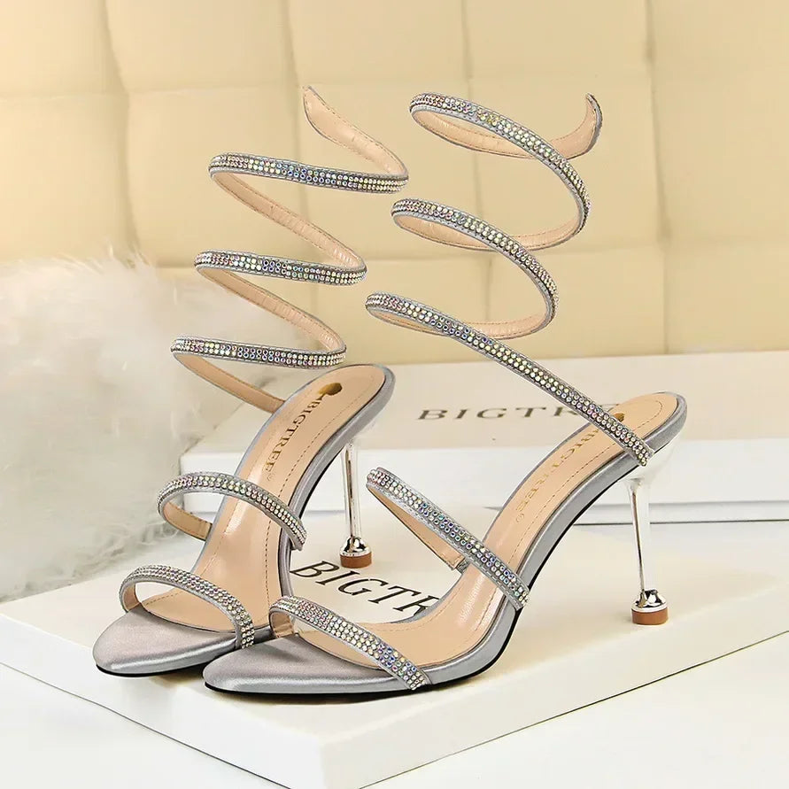 Women Luxury Party 8.5cm High Heels Summer Sexy Nightclub Sandals Female Red Green Ankle Strappy Roman Gladiator Crystal Sandles