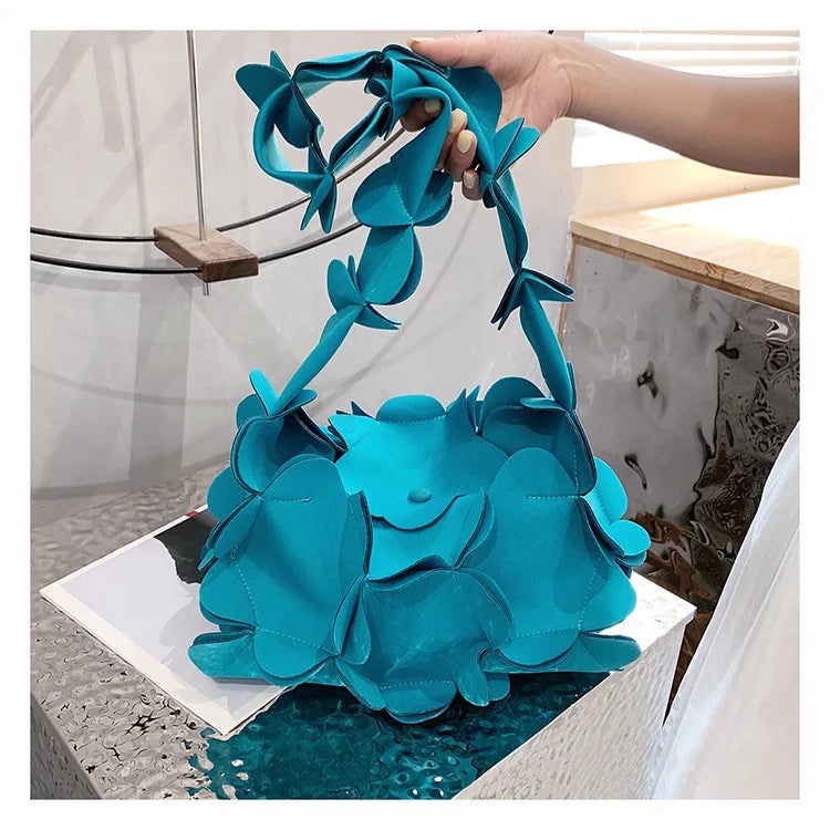 3D Flower PU Leather Armpit Purse Shoulder Bags Women Solid Color Fabric Crossbody Bag