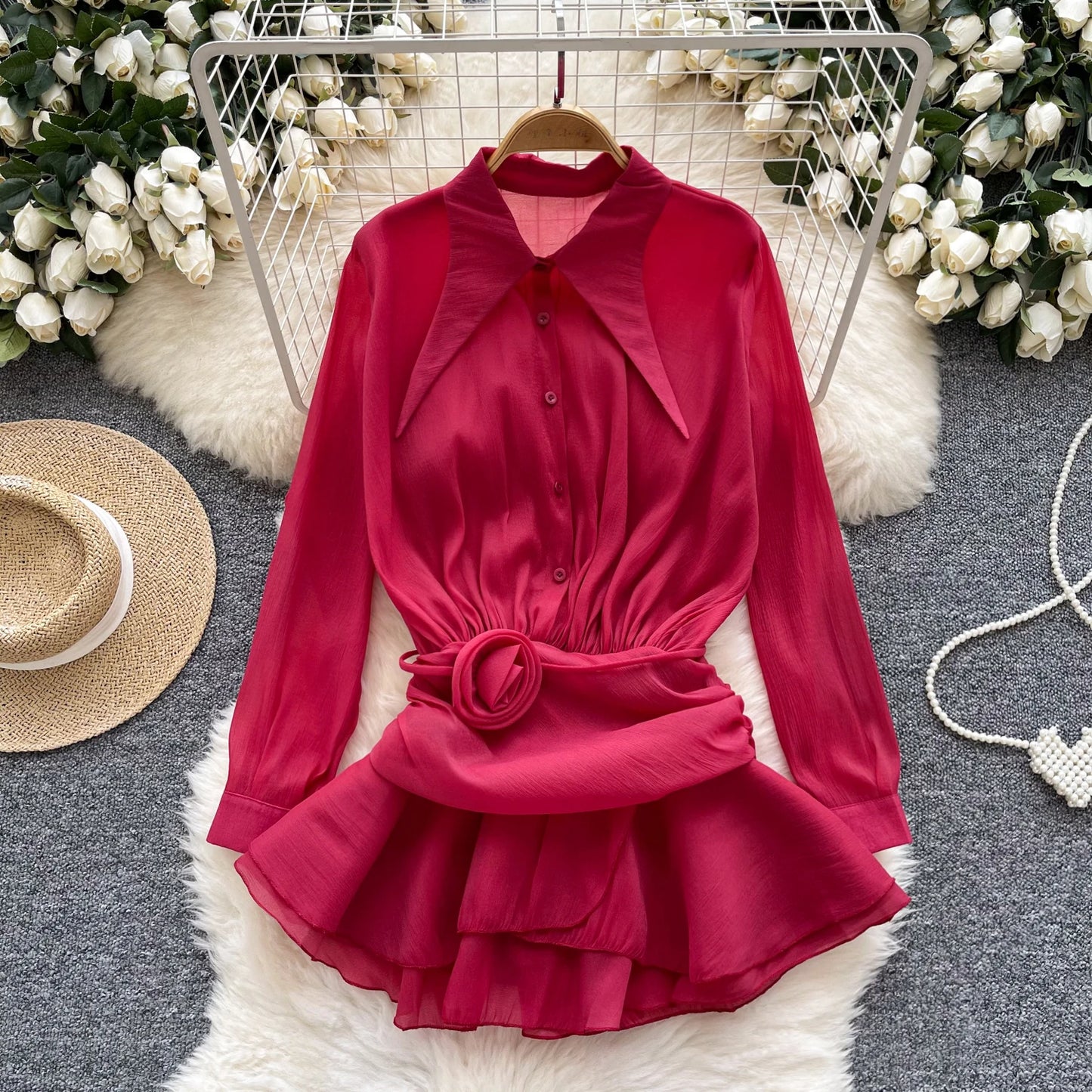 3D Floral Vintage Shirt Women Lapel Neck Long Sleeves Sheer Bohemian Organza Blouse