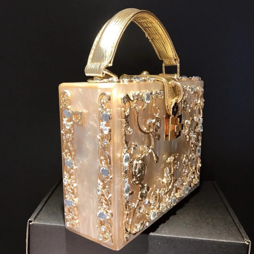 High-Grade Crystal Evening Bag Female New Hollow Out Metal Carved Flower Diamond Handbag