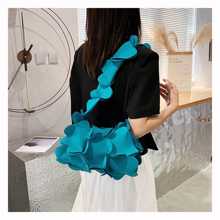 3D Flower PU Leather Armpit Purse Shoulder Bags Women Solid Color Fabric Crossbody Bag