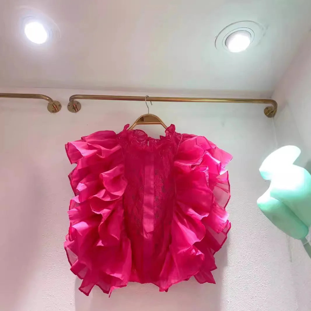 Women Blouse Shirts Stand Collar Y2k Tops Ruffles Lace Sexy Blouses