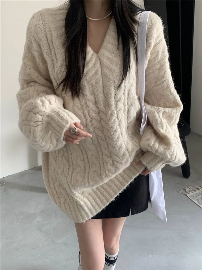Harajuku Women Sweater Cute Oversized Knitted Pullover V Neck Sweater