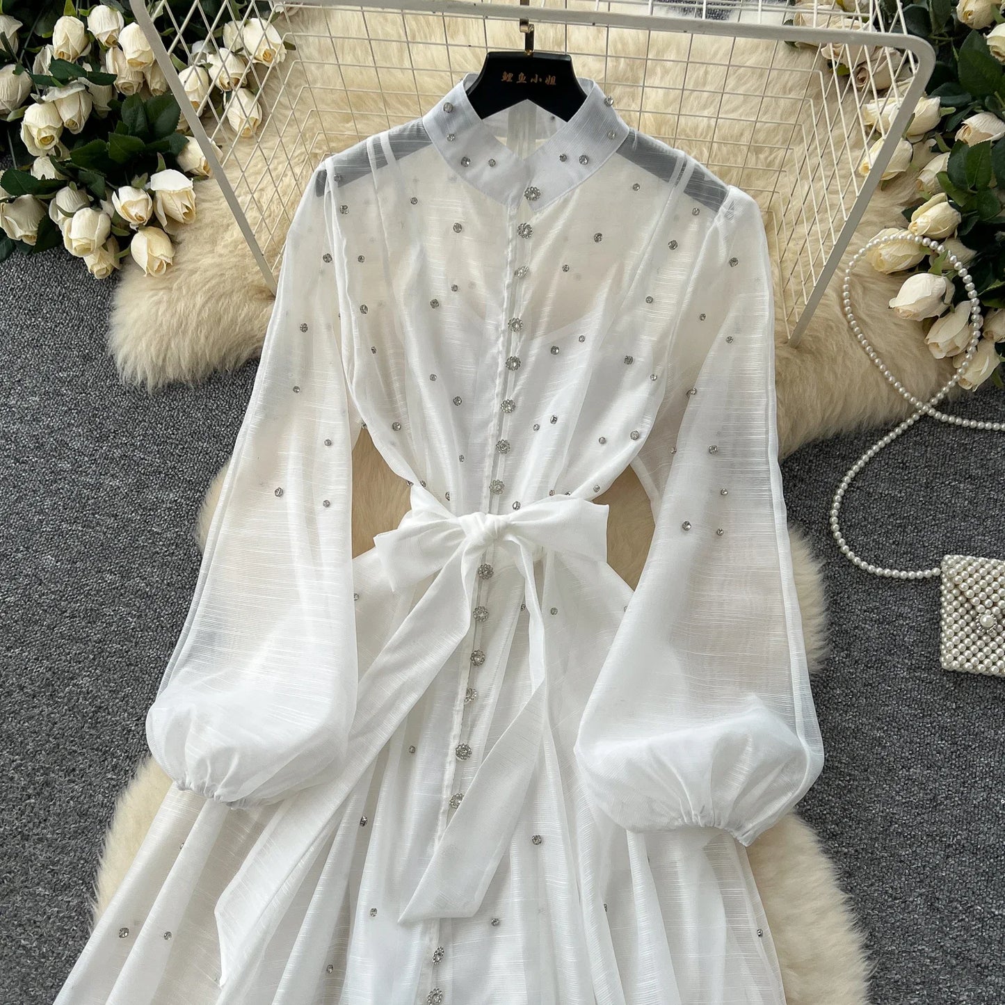 Elegant Lantern Sleeves Vintage Stand Collar Chic Single Breasted Rhinestone Bandage Slim High Street Long Dresses