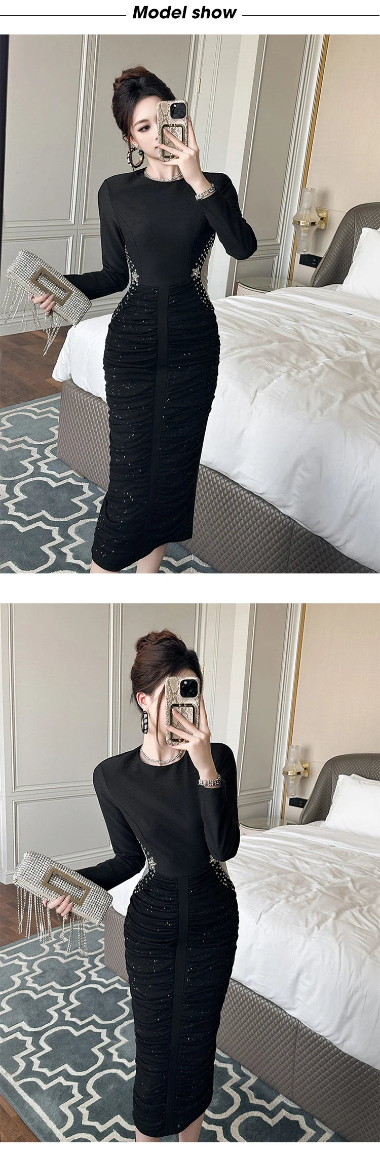 French Elegant Formal Shiny Rhinestone Folds Bodycon Midi Dress