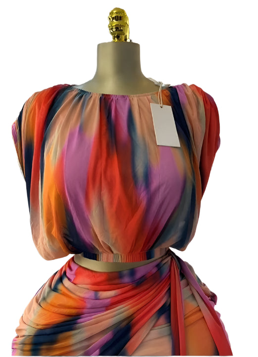 Tie Dye Printed Women's Set Short Sleeve Tops and Stacked Mini Skirts two 2 Piece Sets