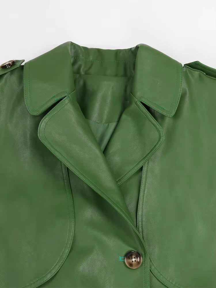 Long Green Pu Leather Trench Coat for Women with Back Slit Sashes Single Breasted