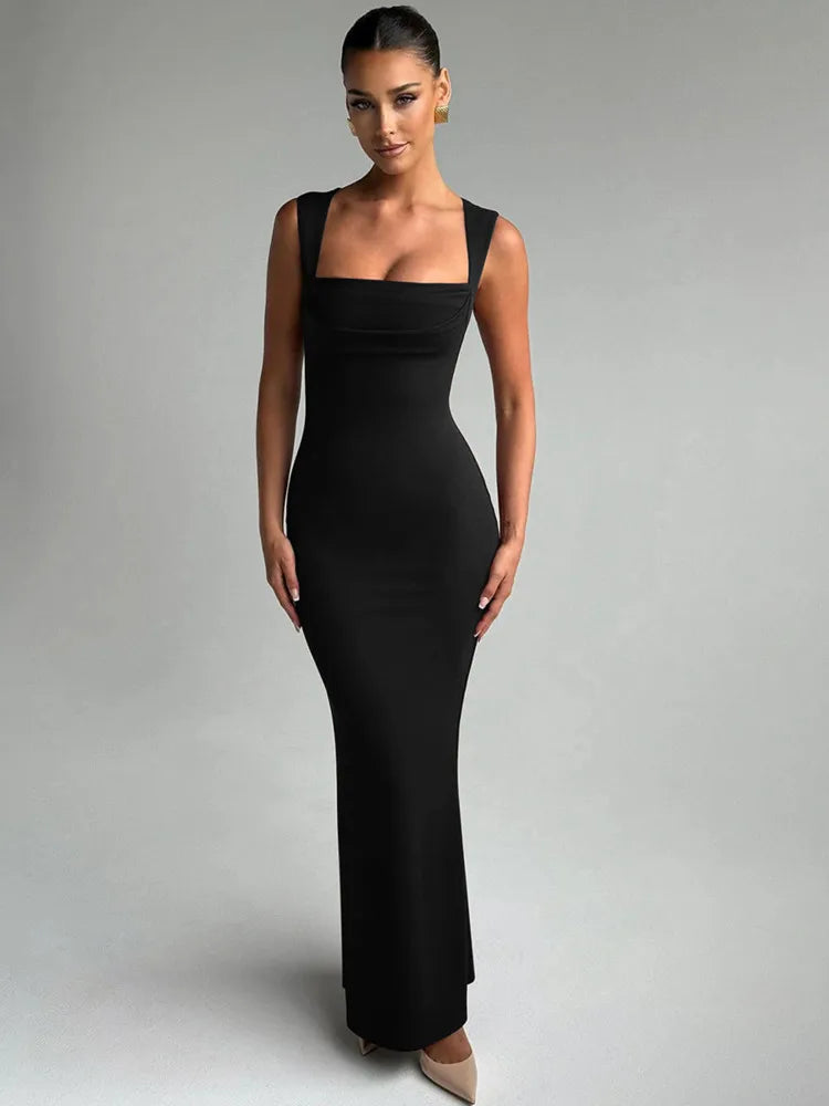 Wedding Guest Square Collar Sleeveless Sexy Maxi Dress For Women Bodycon Dress