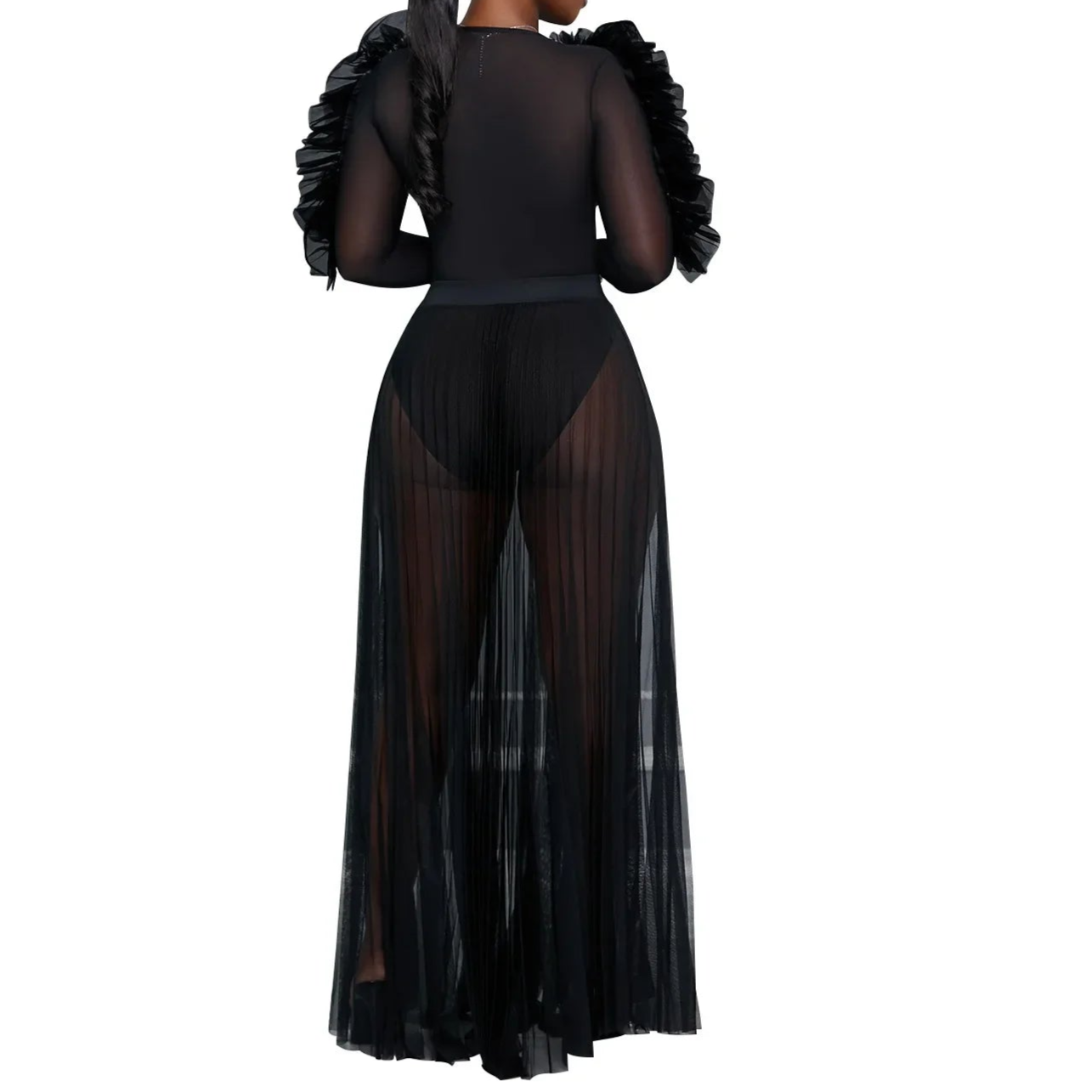 Women Selvedge Ruffles Full Sleeve V-neck Long Maxi Dress Birthday Mesh See Through Party Evening Dress