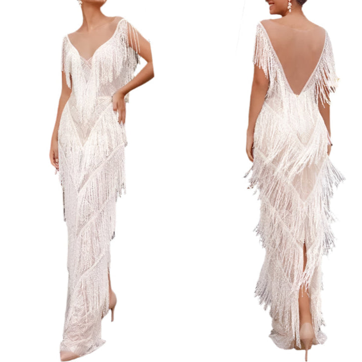Wedding Guest Dress Deep V Neck Tassels Dress Evening Prom Gown