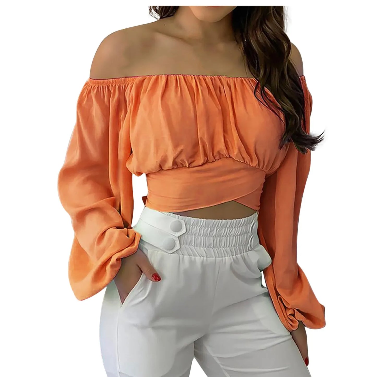 Women Sexy Off Shoulder Print Blouses Chic and Elegant Lantern Long Sleeve Cropped Top