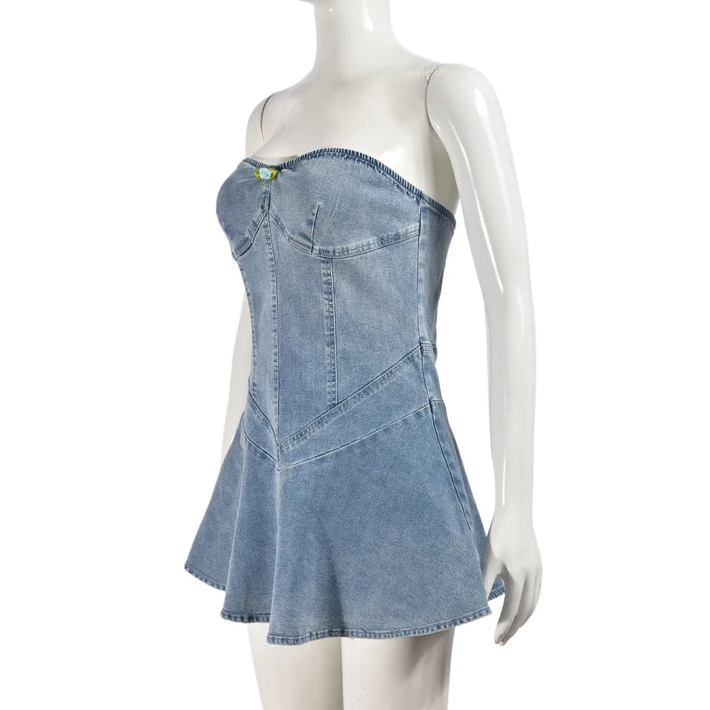 Women Stretch Denim Washed Wrap Backless Ruffle Dress