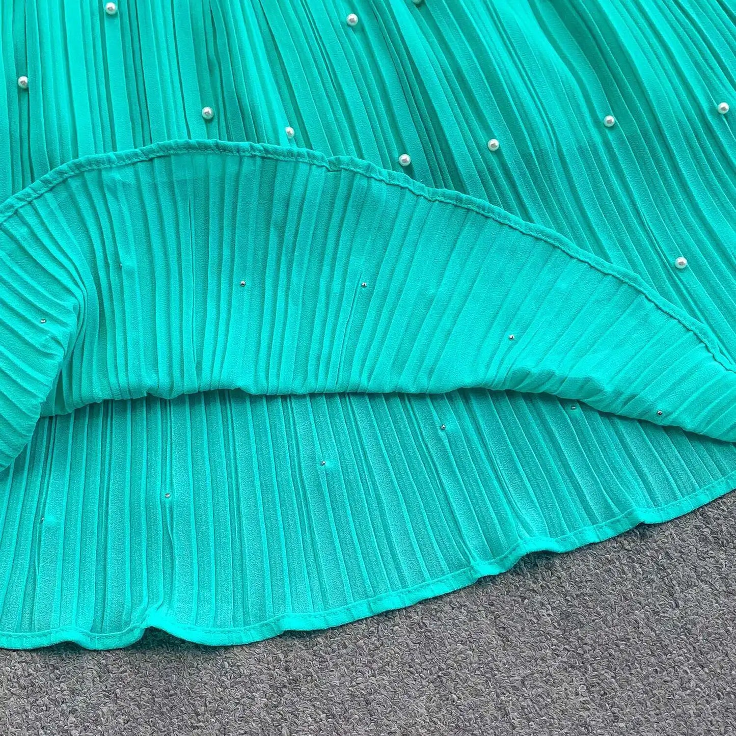 Summer Luxury Pearls Long Chiffon Dress For Women Loose Big Size Short Sleeve Crystal Birthday Evening Midi Pleated Dresses