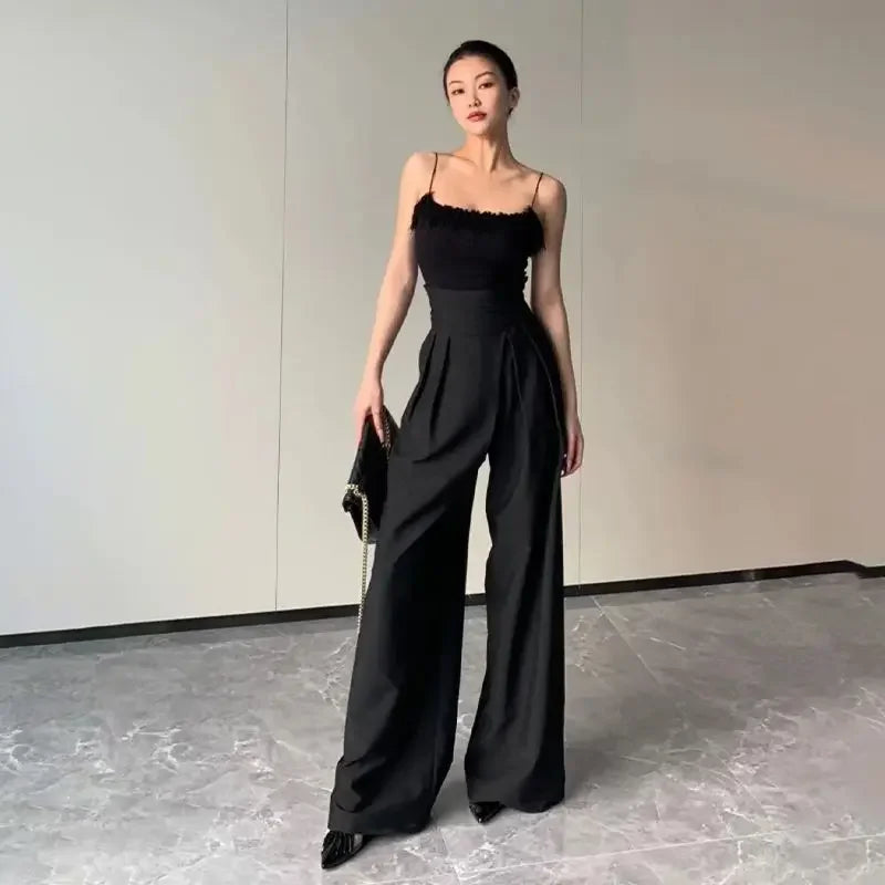 Black Design Wide-Leg Pants Women's Slimming Suit Pant Trousers