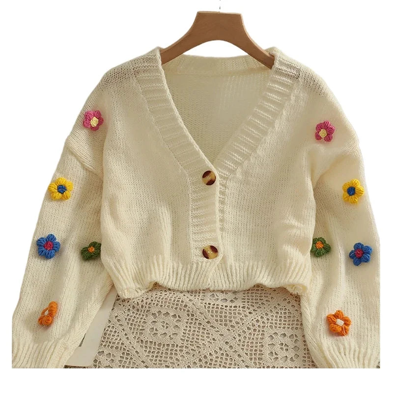 Colorful Flower Cardigan for Women Cute Long Sleeve V-neck Knit Crop Sweater