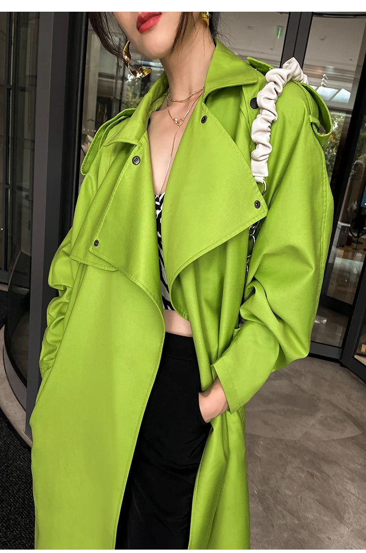 Luxury Long Oversized Bright Green Faux Leather Trench Coat for Women