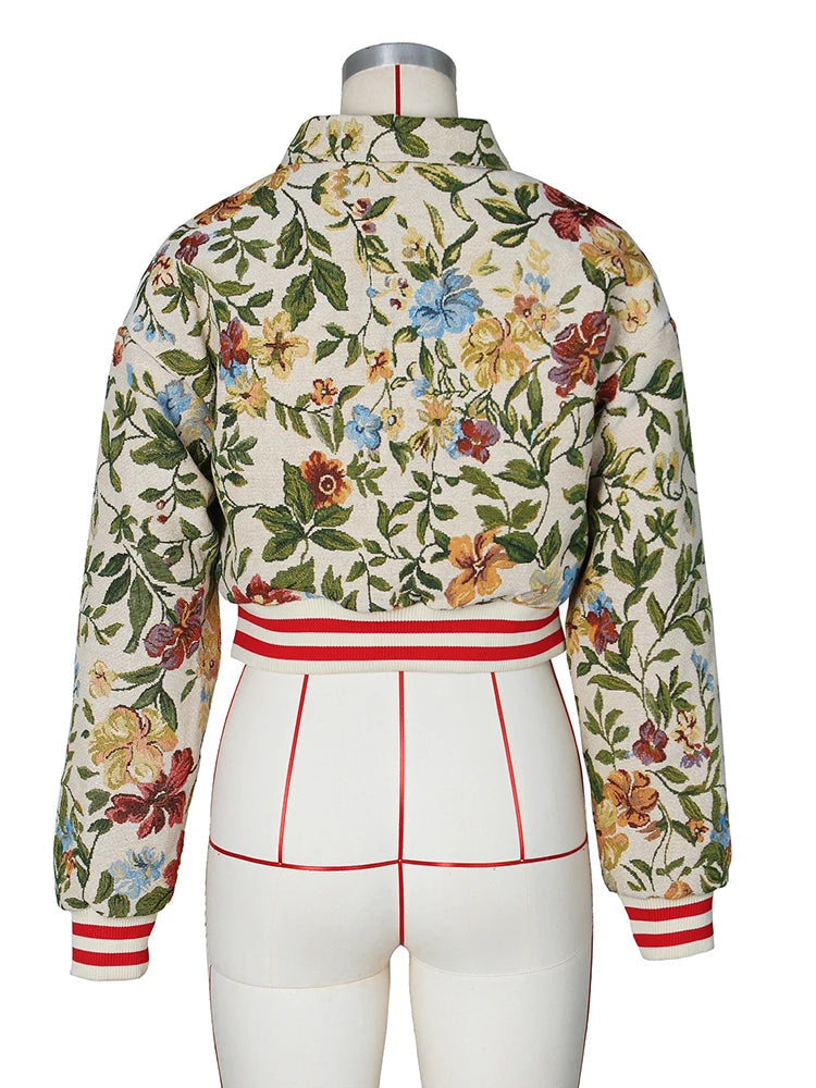 Flower Print Coat Crop Tops Women Lapel Long Sleeve Button Baseball Jacket
