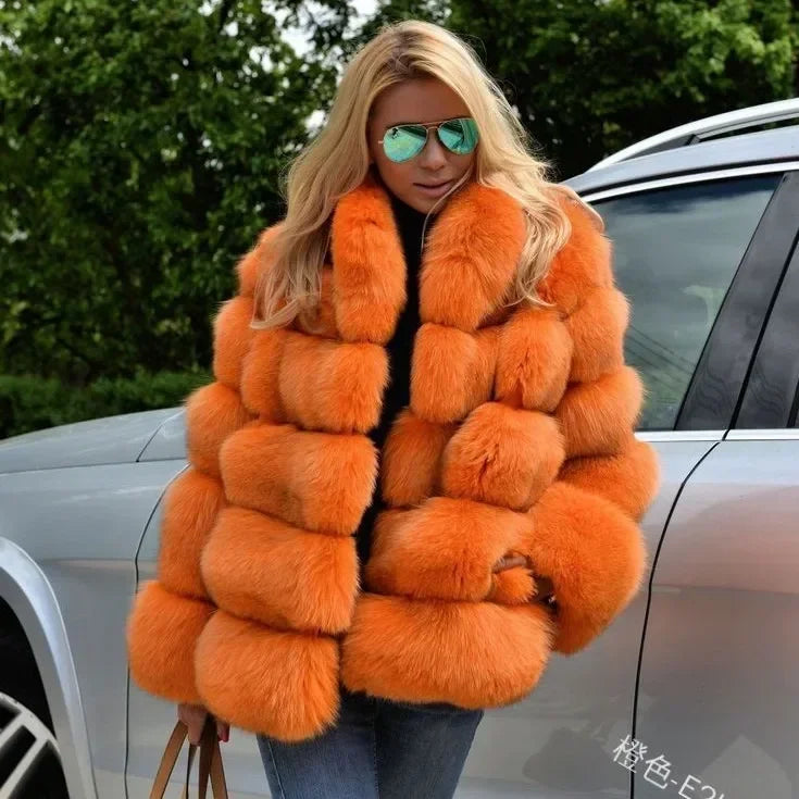 Women Faux Fox Fur Coats Turn Down Collar Thick Warm Elegant Jackets Streetwear