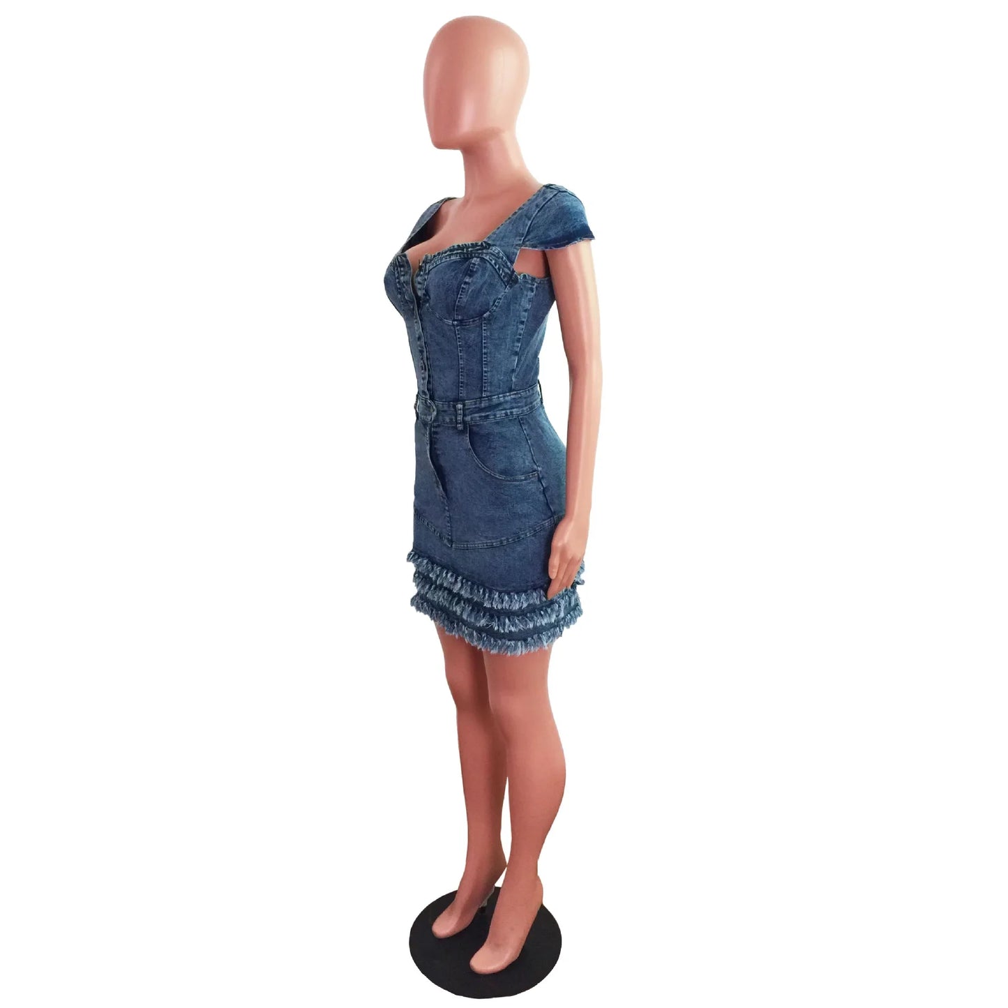 Women Sexy Short Sleeve Denim Dress Slim Fit Tassel Package Hip Pocket Button Denim Dresses Sheath Backless Tight High Waist