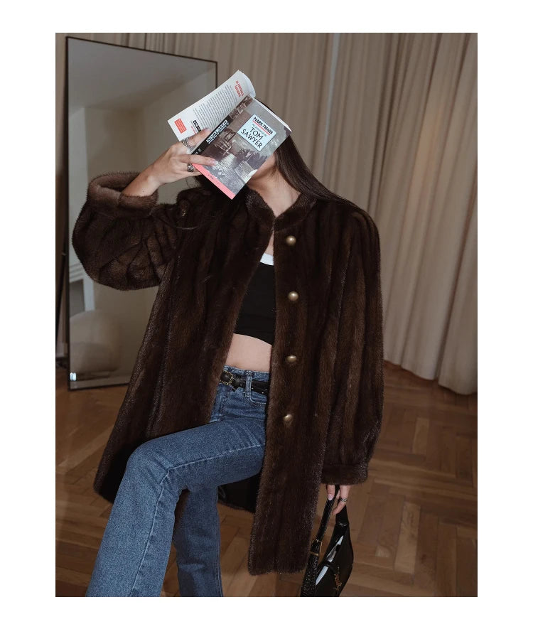 Brown Thick Warm Soft Faux Mink Fur Coat Women Puff Sleeve Stand Collar Fluffy Jacket
