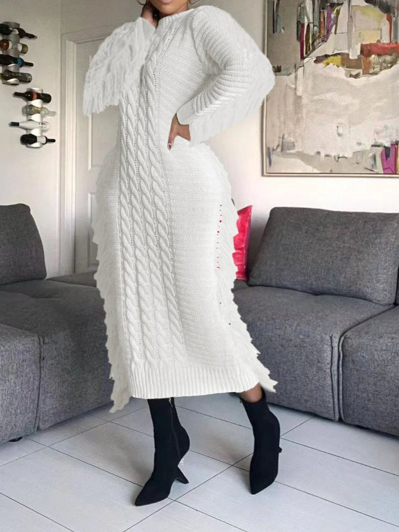 Women Long Sleeve Tassel Bodycon Midi Knit Dress O-neck Sweater Dress