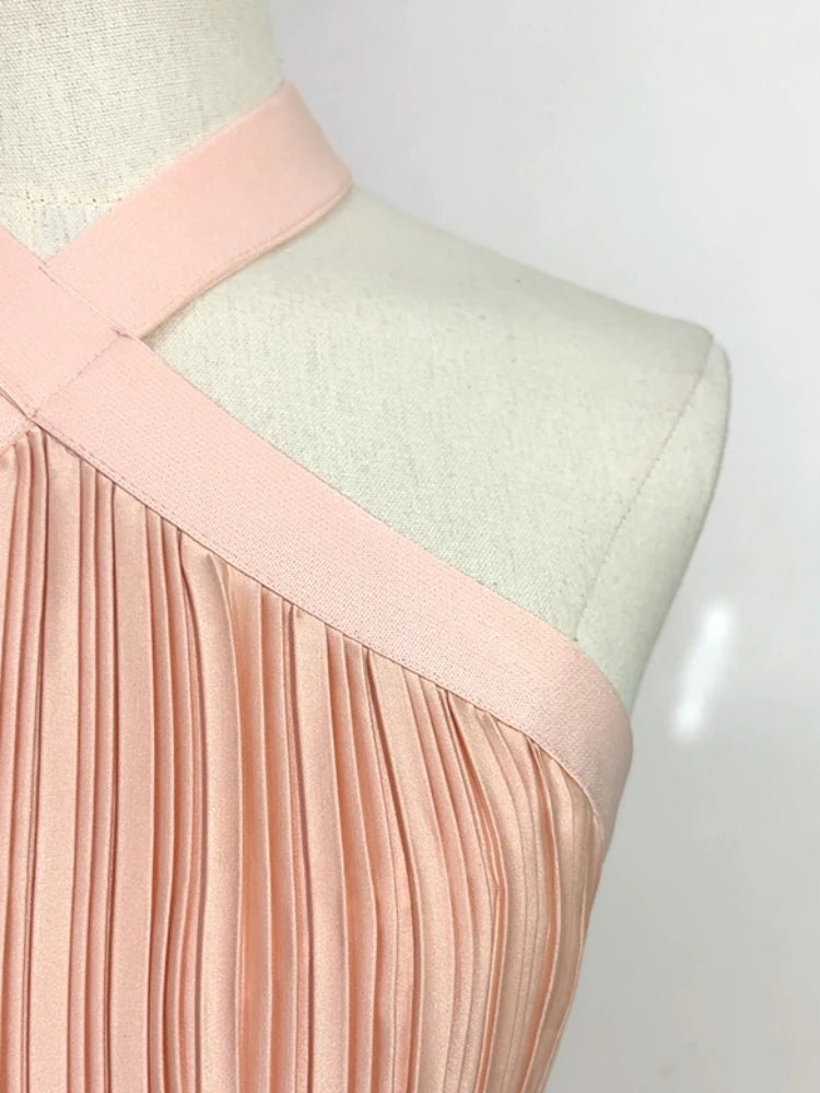 Sexy Halter Neck Cutout Pleated A-line Long Dress Pink Sleeveless Backless Party Dress